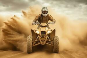 ATV quad in dust cloud with desert on background. Biker rider in action. Generative AI photo