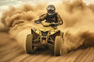 ATV quad in dust cloud with desert on background. Biker rider in action. Generative AI photo