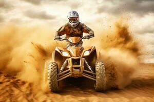 ATV quad in dust cloud with desert on background. Biker rider in action. Generative AI photo