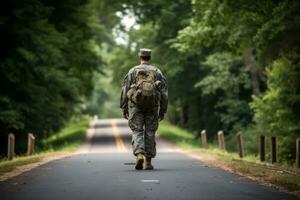 Rearview of a soldier returning home from the army. Concept military service. Generative AI photo