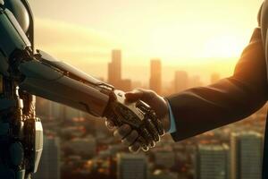 Robot and businessman in handshake with sunset blurry city in the background. Generative Ai photo