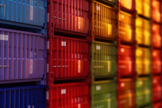 Rows of cargo shipping containers filmed by long focus camera. Multi-colored cargo shipment containers of different delivery cargo transportation companies. Generative AI photo