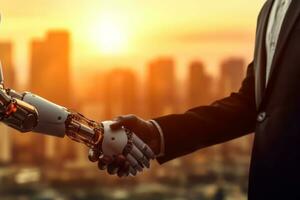 Robot and businessman in handshake with sunset blurry city in the background. Generative Ai photo