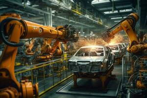 Robotic Arms in Action. Automated welding process. Car Assembly Line Automation and Efficiency. Generative AI photo