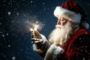 Santa Claus blowing magic Christmas stars in snowy night. Concept magic Christmas and festive atmosphere. Generative AI photo