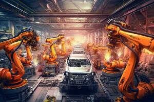 Robotic Arms in Action. Automated welding process. Car Assembly Line Automation and Efficiency. Generative AI photo