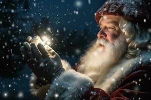 Santa Claus blowing magic Christmas stars in snowy night. Concept magic Christmas and festive atmosphere. Generative AI photo