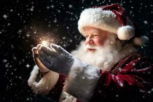 Santa Claus blowing magic Christmas stars in snowy night. Concept magic Christmas and festive atmosphere. Generative AI photo