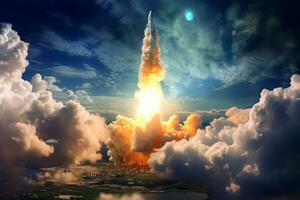 un dinámica imagen capturar el poderoso despegar de un satélite cohete dentro espacio, con ondulante fumar y ardiente motores generativo ai foto