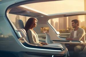 Futuristic self-driving van moving on a highway in a Modern City with Skyscrapers. Beautiful Female and Senior Man are Having a Conversation in a Driverless Autonomous Vehicle. Generative AI photo