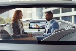 Futuristic self-driving van moving on a highway in a Modern City with Skyscrapers. Beautiful Female and Senior Man are Having a Conversation in a Driverless Autonomous Vehicle. Generative AI photo