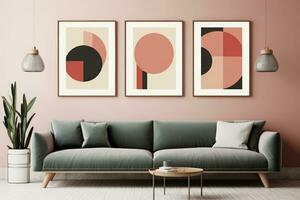 Set of three geometric paintings, abstract art, creative minimalism, hand drawn illustration, vector, for wall decor, wallpaper, poster, card, mural, carpet, hanging, print. Generative Ai photo