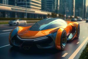 Futuristic Self-Driving sport car moving on a highway in a modern city. Generative AI photo