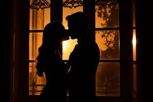 Silhouette of a couple in an intimate embrace against a window, evoking the passion and forbidden desires portrayed in the story. Generative AI photo