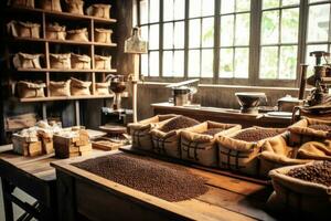 Rustic wooden coffee processing station, with bags of coffee beans stacked neatly, conveying the craftsmanship and attention to detail involved in the coffee production process. Generative AI photo