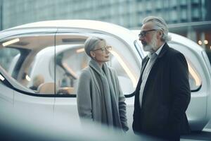 Futuristic self-driving van moving on a highway in a Modern City with Skyscrapers. Beautiful Female and Senior Man are Having a Conversation in a Driverless Autonomous Vehicle. Generative AI photo