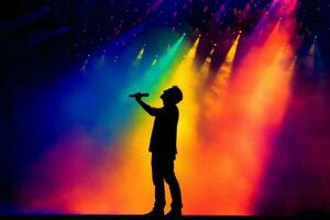 Silhouette of a singer on stage with a colorful light show in the background. Generative AI photo