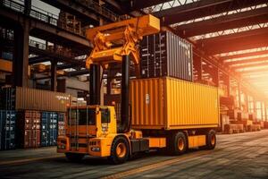 Side loader handling cargo container and loading to truck in import export logistic zone. Generative AI photo