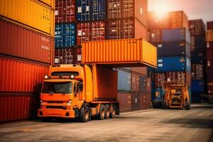 Side loader handling cargo container and loading to truck in import export logistic zone. Generative AI photo