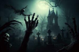 Skeleton hands rising from a graveyard. Concept Halloween background. Generative AI photo