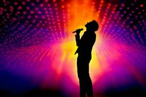 Silhouette of a singer on stage with a colorful light show in the background. Generative AI photo