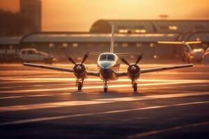 Small private airplane on runway ready for take off. Generative AI photo