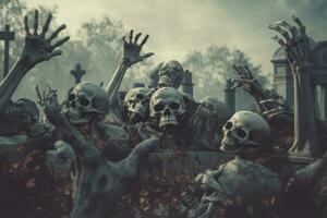 Skeleton hands rising from a graveyard. Concept Halloween background. Generative AI photo