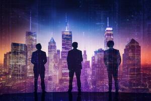 Silhouettes of three businesspeople working and researching the analytics to predict stock market behaviour.Double exposure. Generative AI photo