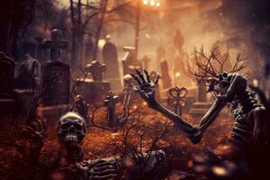 Skeleton hands rising from a graveyard. Concept Halloween background. Generative AI photo