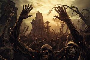 Skeleton hands rising from a graveyard. Concept Halloween background. Generative AI photo