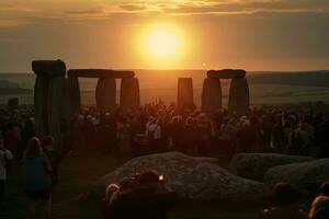 Local people and tourist celebrating summer Solstice at Stonehenge. Generative Ai photo