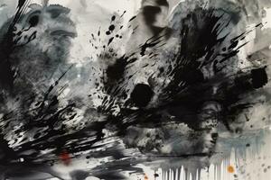 Sumi-e ink blots and splatters from the point of a brush onto silk charcoal-colored paper. Abstract patterns with a monochrome color scheme. Generative Ai photo