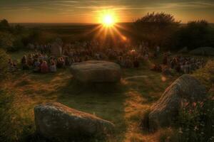 local personas y turista celebrando verano solsticio a Stonehenge. generativo ai foto