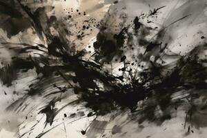 Sumi-e ink blots and splatters from the point of a brush onto silk charcoal-colored paper. Abstract patterns with a monochrome color scheme. Generative Ai photo