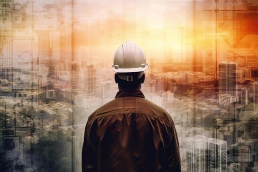 The double exposure image of the engineer standing back during sunrise overlay with cityscape image. The concept construction and future. Generative AI photo