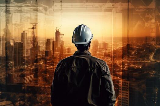 The double exposure image of the engineer standing back during sunrise overlay with cityscape image. The concept construction and future. Generative AI photo