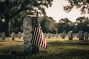 American flag waving in front of a military cemetery , emphasizing the importance of honoring and remembering American service members who have made the ultimate sacrifice. Generative AI. photo