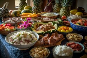 Traditional Luau feast spread with kalua pork, laau pakoko fish, loihi rice, maopopo poke bowls, haupia coconut sago pudding and fresh tropical fruit salad.Generative AI photo
