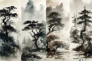 bosque árbol con flores montañas y templo en tradicional japonés pintura sumi-e tinta Arte. ai generativo. foto