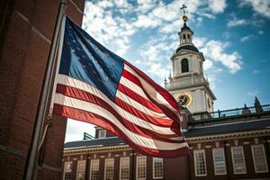 An American flag waving in front of a historic American landmark, such as Independence Hall or the Lincoln Memorial. The scene is perfect for showcasing American history and pride. Generative AI. photo