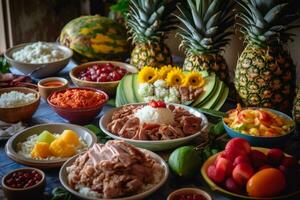 Traditional Luau feast spread with kalua pork, laau pakoko fish, loihi rice, maopopo poke bowls, haupia coconut sago pudding and fresh tropical fruit salad.Generative AI photo