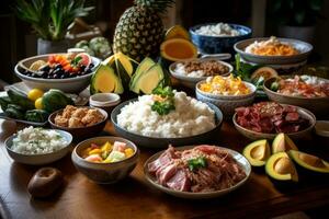 Traditional Luau feast spread with kalua pork, laau pakoko fish, loihi rice, maopopo poke bowls, haupia coconut sago pudding and fresh tropical fruit salad.Generative AI photo