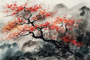 Cherry blossom tree in traditional Japanese painting Sumi-e ink art. AI generative. photo