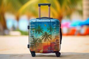 One travel suitcase ready for journey. Tropical beach with sunny sea and palm leafs in background. Generative AI photo