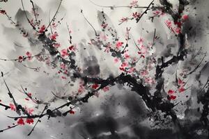 Cherry blossom tree in traditional Japanese painting Sumi-e ink art. AI generative. photo