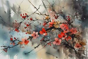 Cherry blossom tree in traditional Japanese painting Sumi-e ink art. AI generative. photo