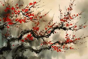 Cherry blossom tree in traditional Japanese painting Sumi-e ink art. AI generative. photo