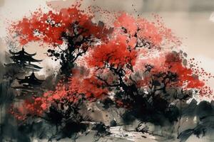 Cherry blossom tree in traditional Japanese painting Sumi-e ink art. AI generative. photo