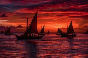 Traditional outrigger canoes gliding across glassy azure waters under a crimson and violet sunset, with sailing crews at the ready to drop nets or lines. Generative AI photo