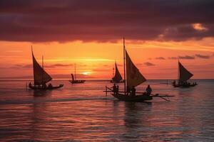 Traditional outrigger canoes gliding across glassy azure waters under a crimson and violet sunset, with sailing crews at the ready to drop nets or lines. Generative AI photo